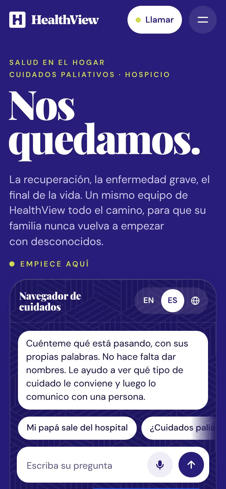 hvhh.ai in Spanish on a phone: Nos quedamos, with the Navegador de cuidados