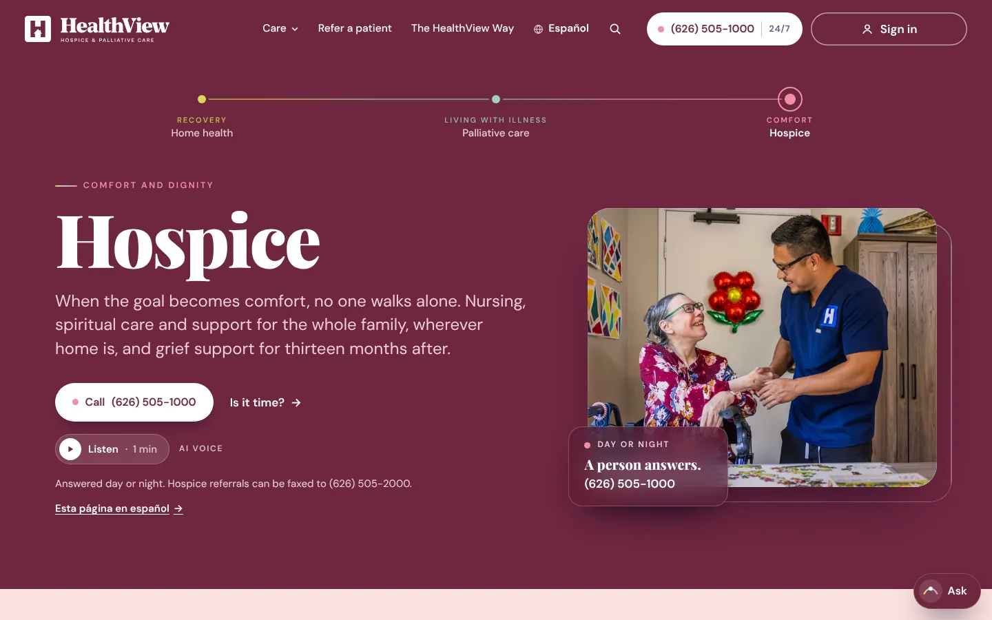 hvhh.ai's Hospice page in HealthView hospice plum, with Listen and Is it time?