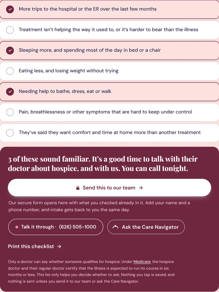 Hospice checklist Is it time? with three signs ticked and the answer: 3 of these sound familiar
