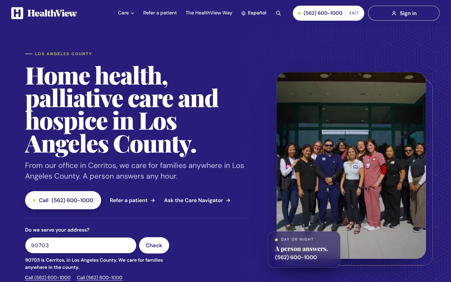 hvhh.ai's Los Angeles County page, with the HealthView team outside the Cerritos office