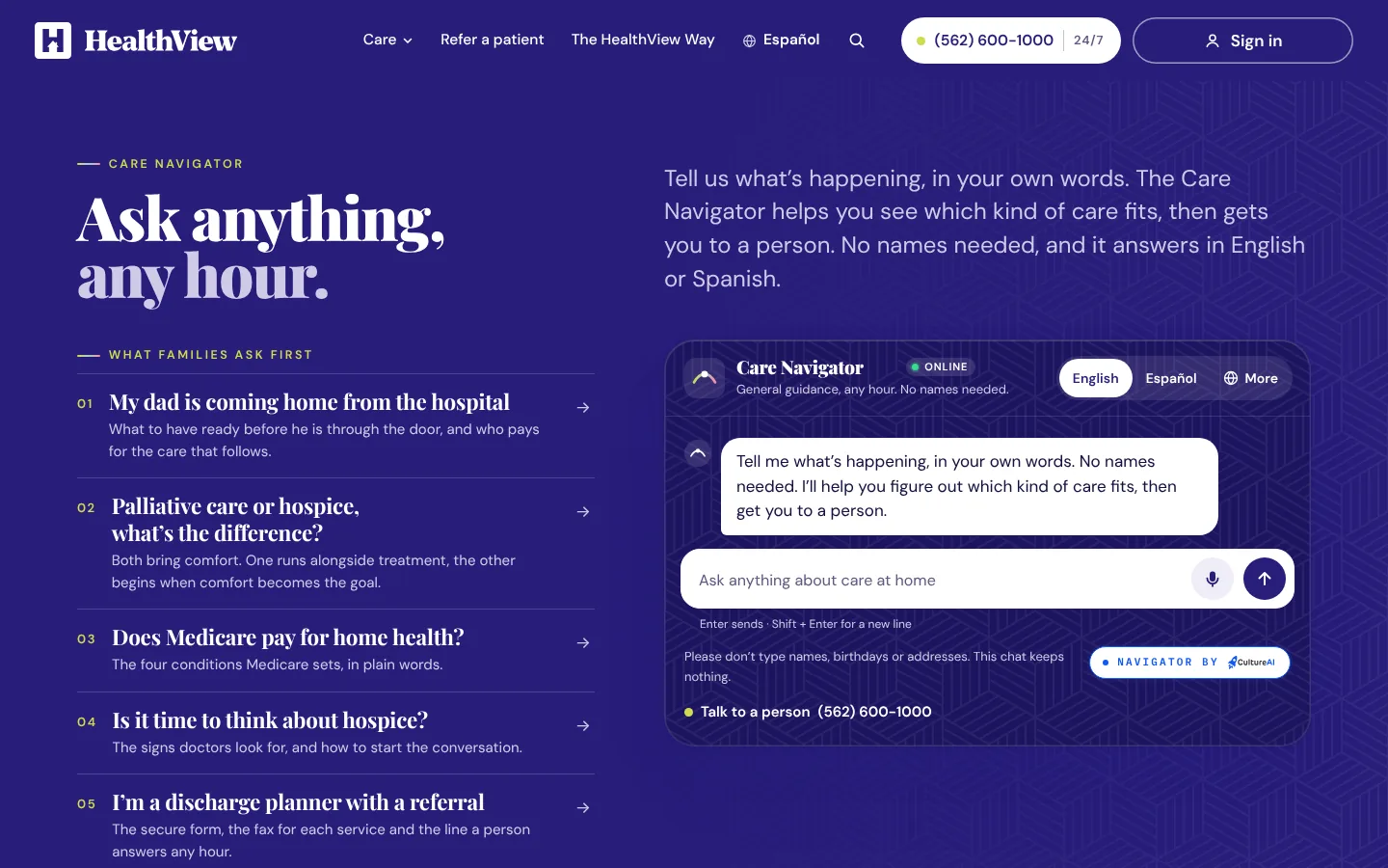 The Care Navigator page on hvhh.ai: Ask anything, any hour, with what families ask first