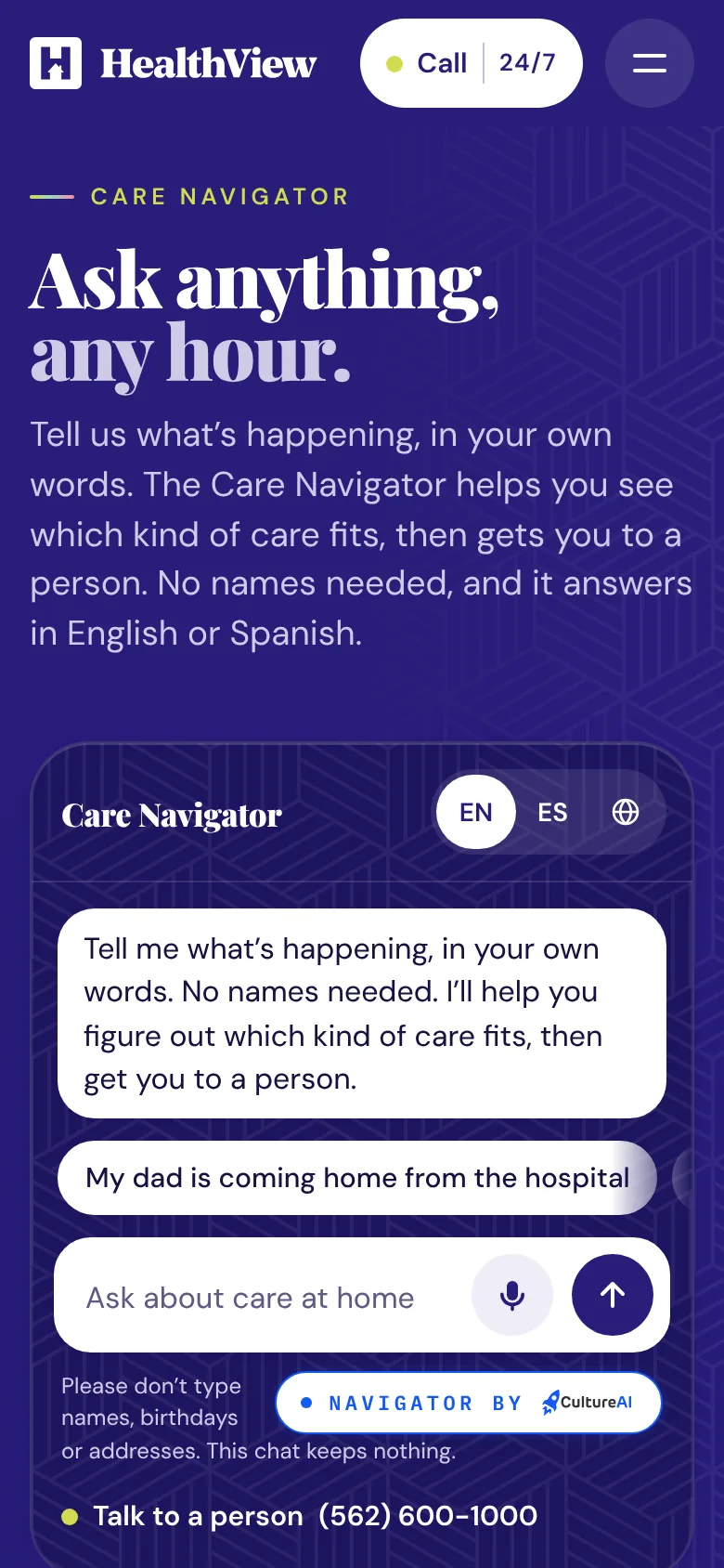 The Care Navigator on a phone, with EN, ES and more languages