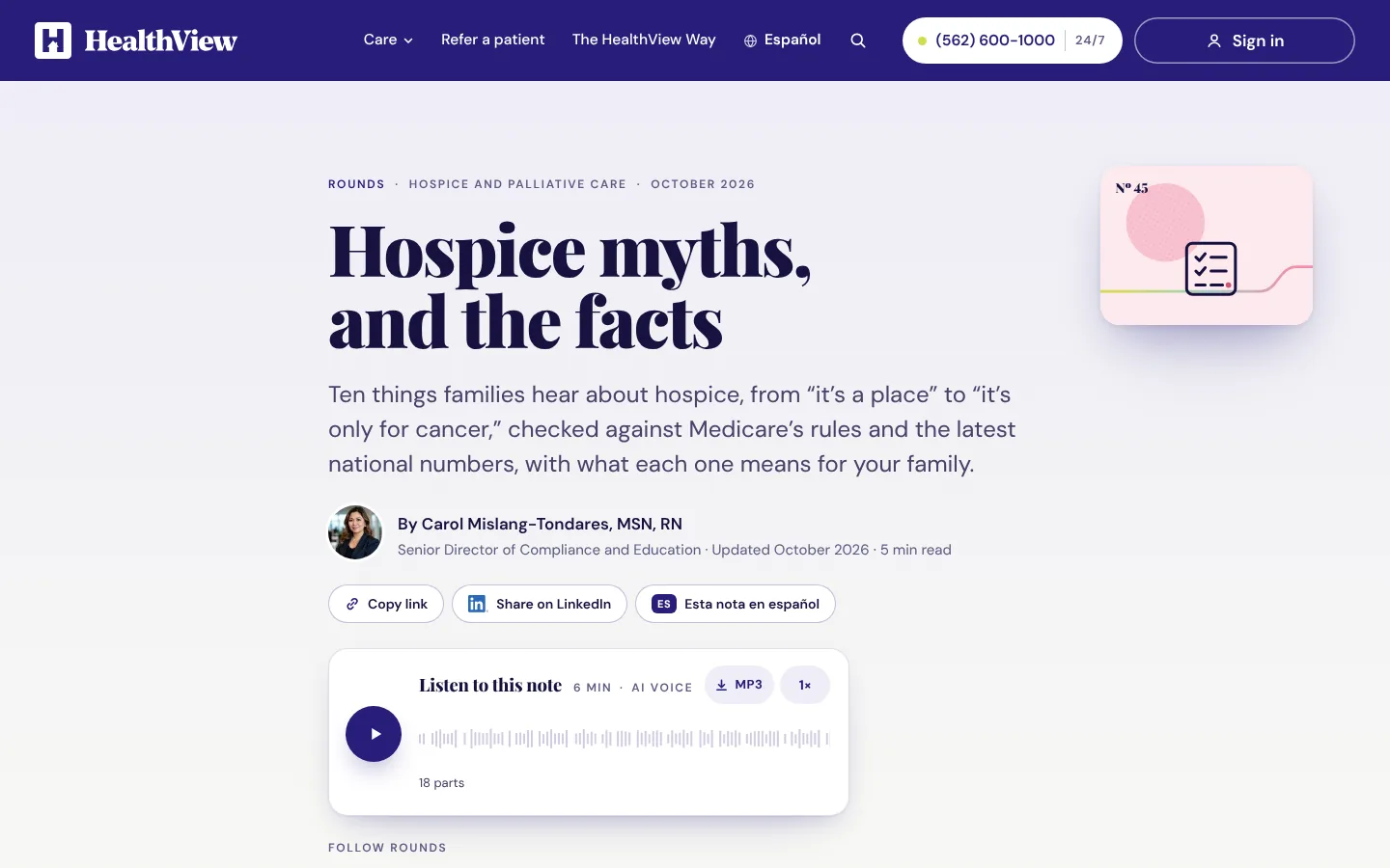 A Rounds note, Hospice myths, and the facts, with its Listen to this note player