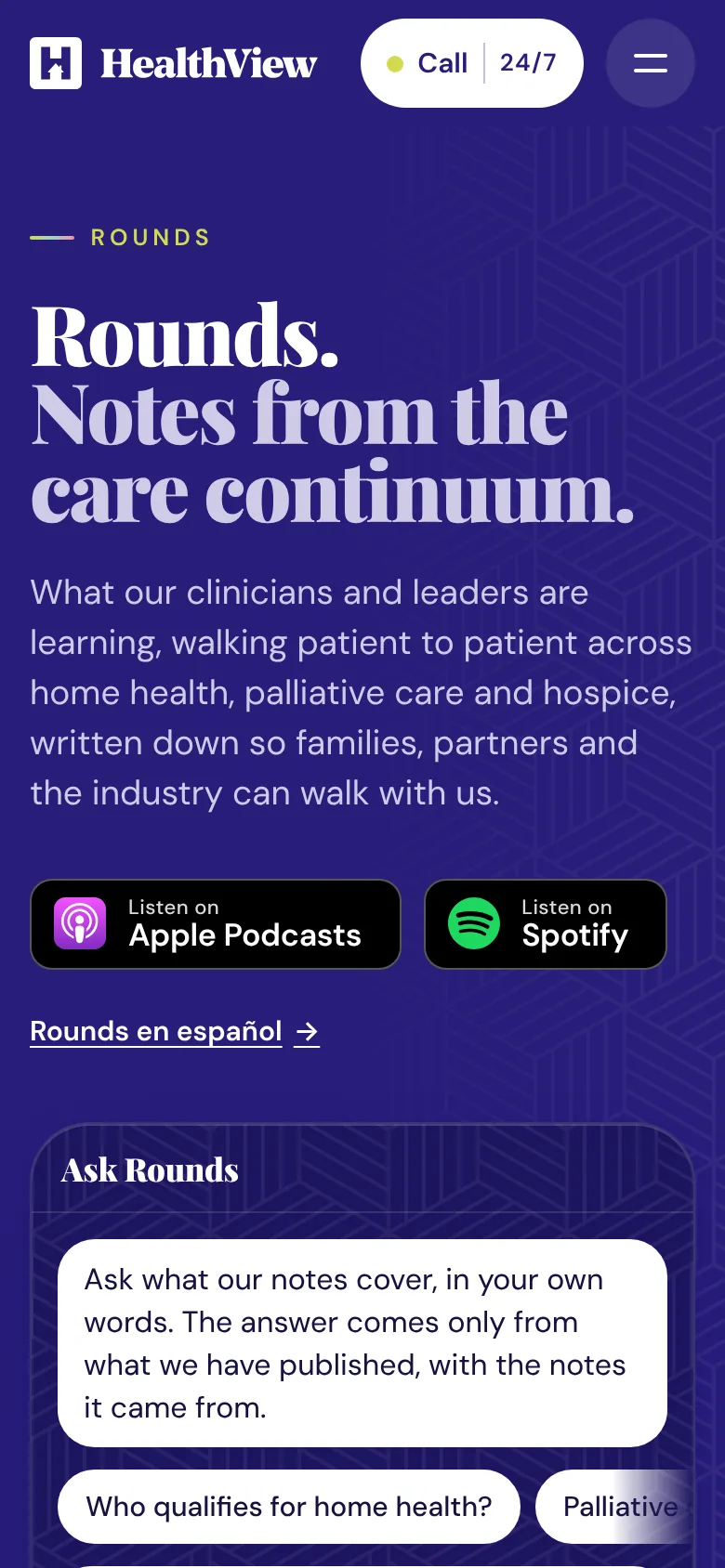 Rounds on a phone, with Listen on Apple Podcasts and Spotify, and Ask Rounds