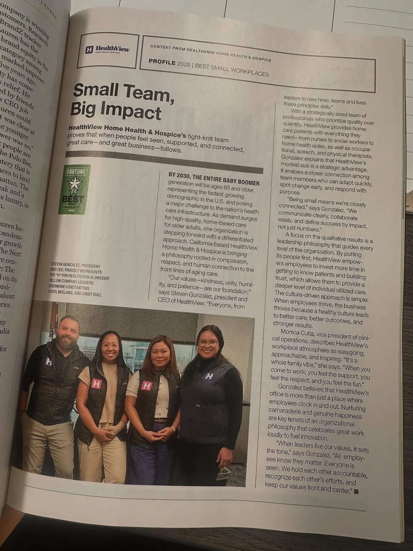 A printed Fortune magazine page showing four HealthView leaders in black Patagonia vests with the HealthView H logo