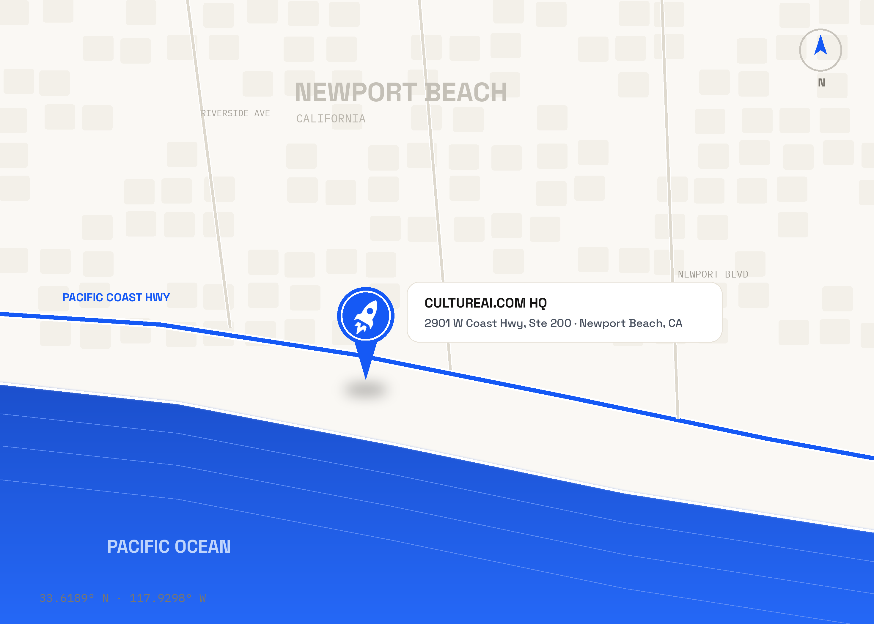 Map to CultureAI headquarters at 2901 West Coast Hwy, Newport Beach