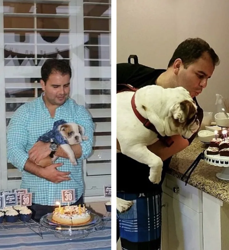 Two photos side by side. Left: Steven at his 30th birthday, holding Spartacus as a puppy in one arm behind a cake with candles. Right: years later, Steven holding the grown Spartacus up over birthday candles on a kitchen counter