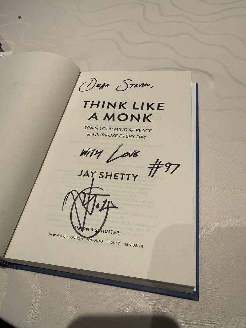 The title page of Think Like a Monk, inscribed in marker: Dear Steven, with love, #97, and Jay Shetty's signature