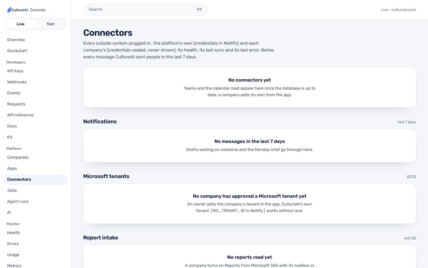 The Console's Connectors page, where the last 30 reports read, refused or skipped are listed.