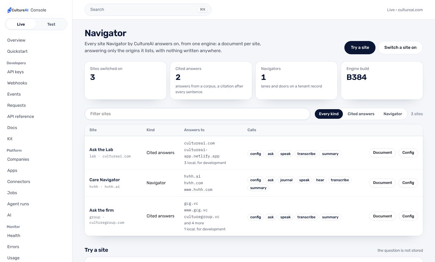 The Console's Navigator page: every site it runs on, and a place to try one.