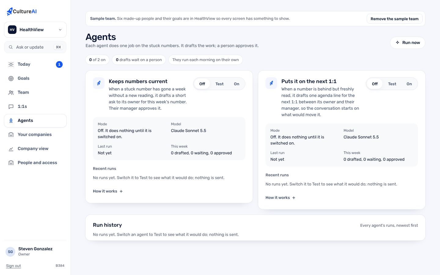 Agents: what each one may do, what it drafted, and what is waiting on you.