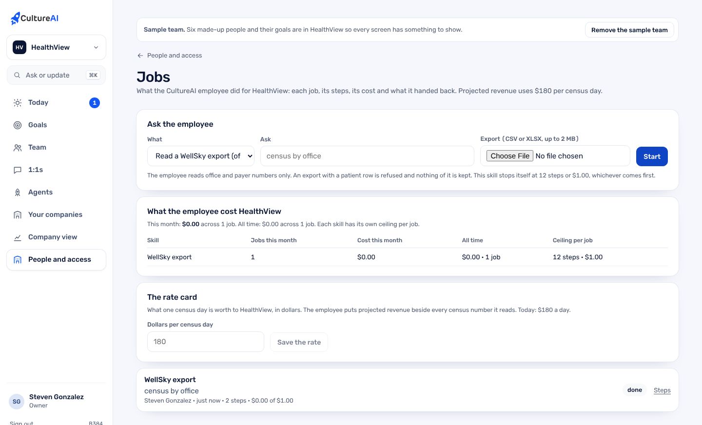 Jobs: ask the employee with a file, see what it has done for the company and what it cost.