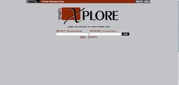 SpartX Xplore homepage in 2009 with keyword and location search for jobs and events