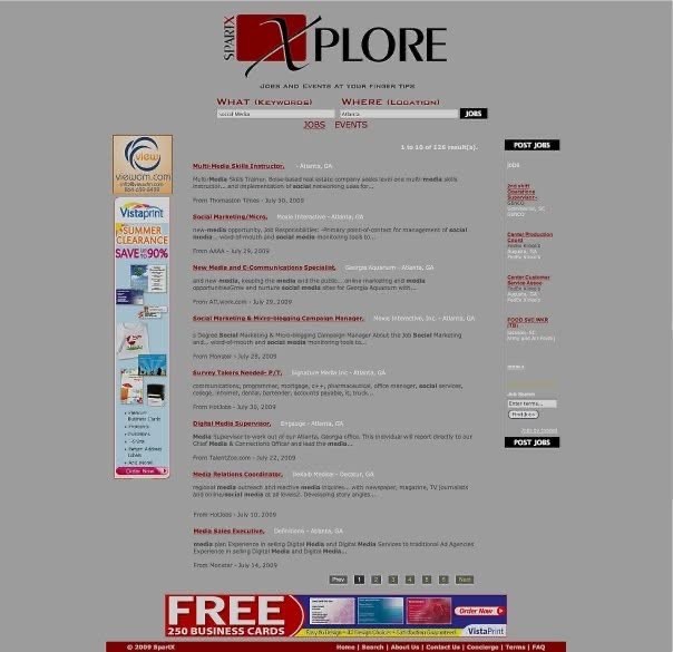 SpartX Xplore search results page from July 2009 showing 126 media job listings in Atlanta